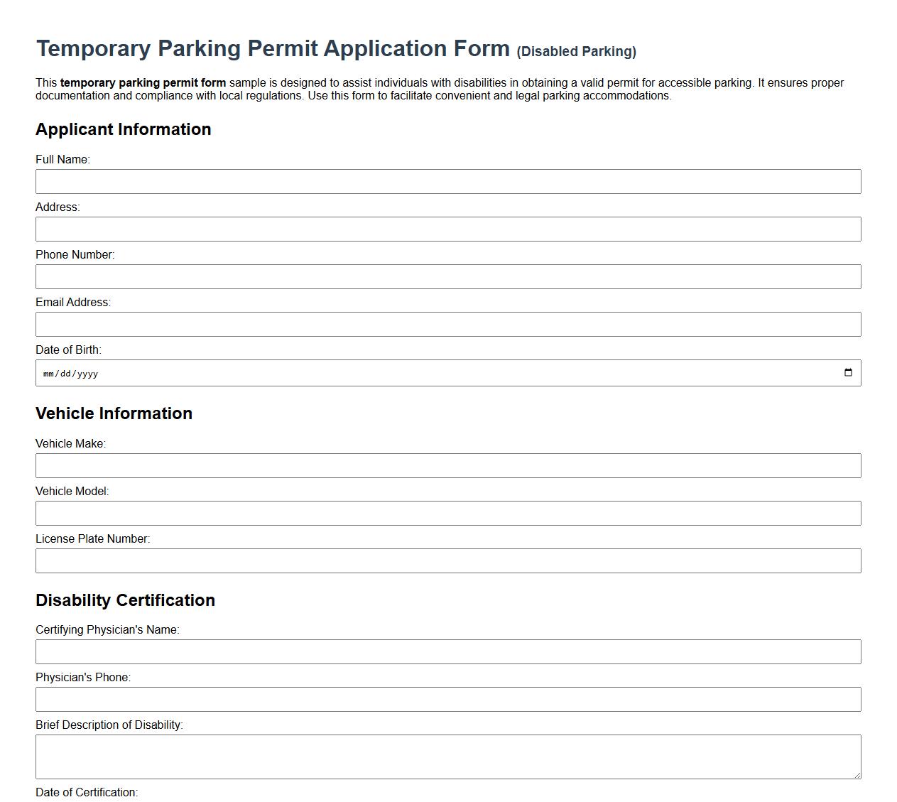 Temporary parking permit form sample for disabled parking image preview