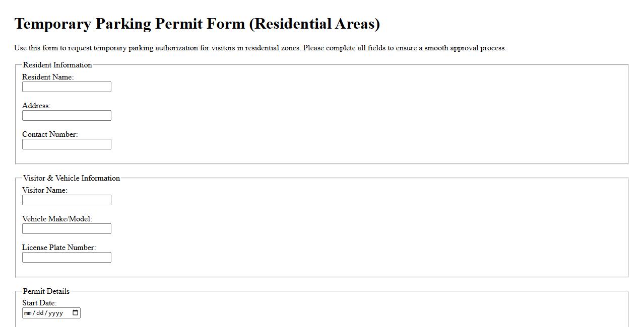 Temporary parking permit form sample for residential areas image preview