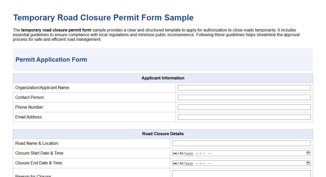 temporary road closure permit form sample with guidelines image preview