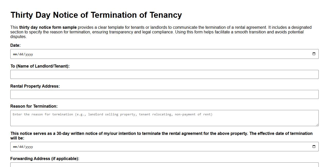 thirty day notice form sample with reason for termination image preview