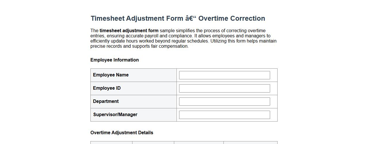 Timesheet adjustment form sample for overtime correction image preview