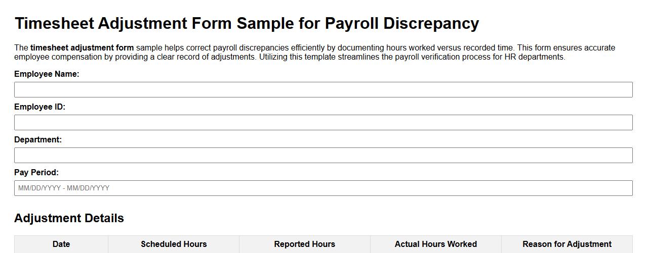 Timesheet adjustment form sample for payroll discrepancy image preview