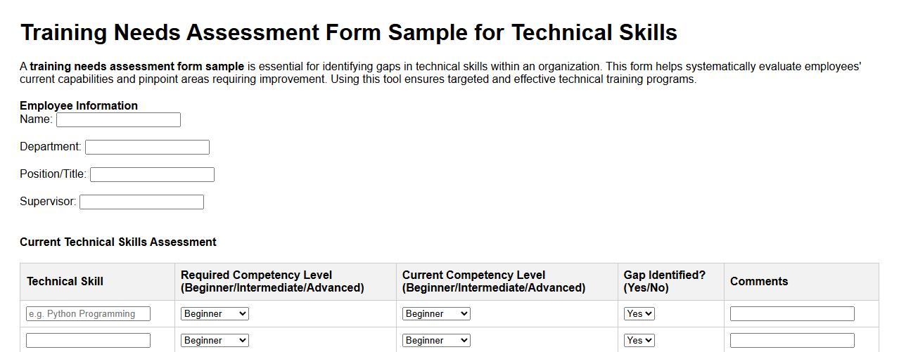 Training needs assessment form sample for technical skills image preview