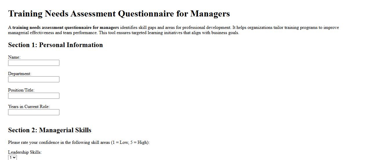 training needs assessment questionnaire for managers image preview