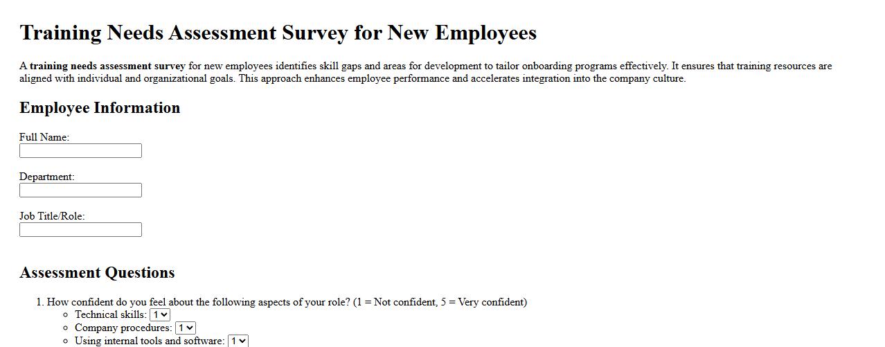 Training needs assessment survey for new employees image preview