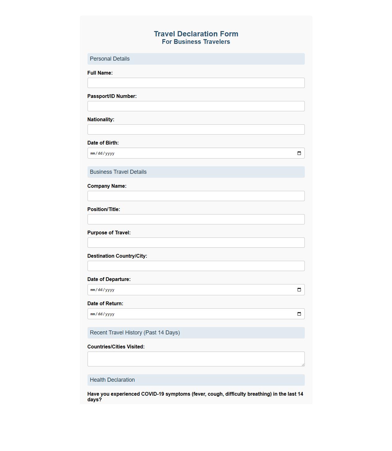 travel declaration form sample for business travelers image preview