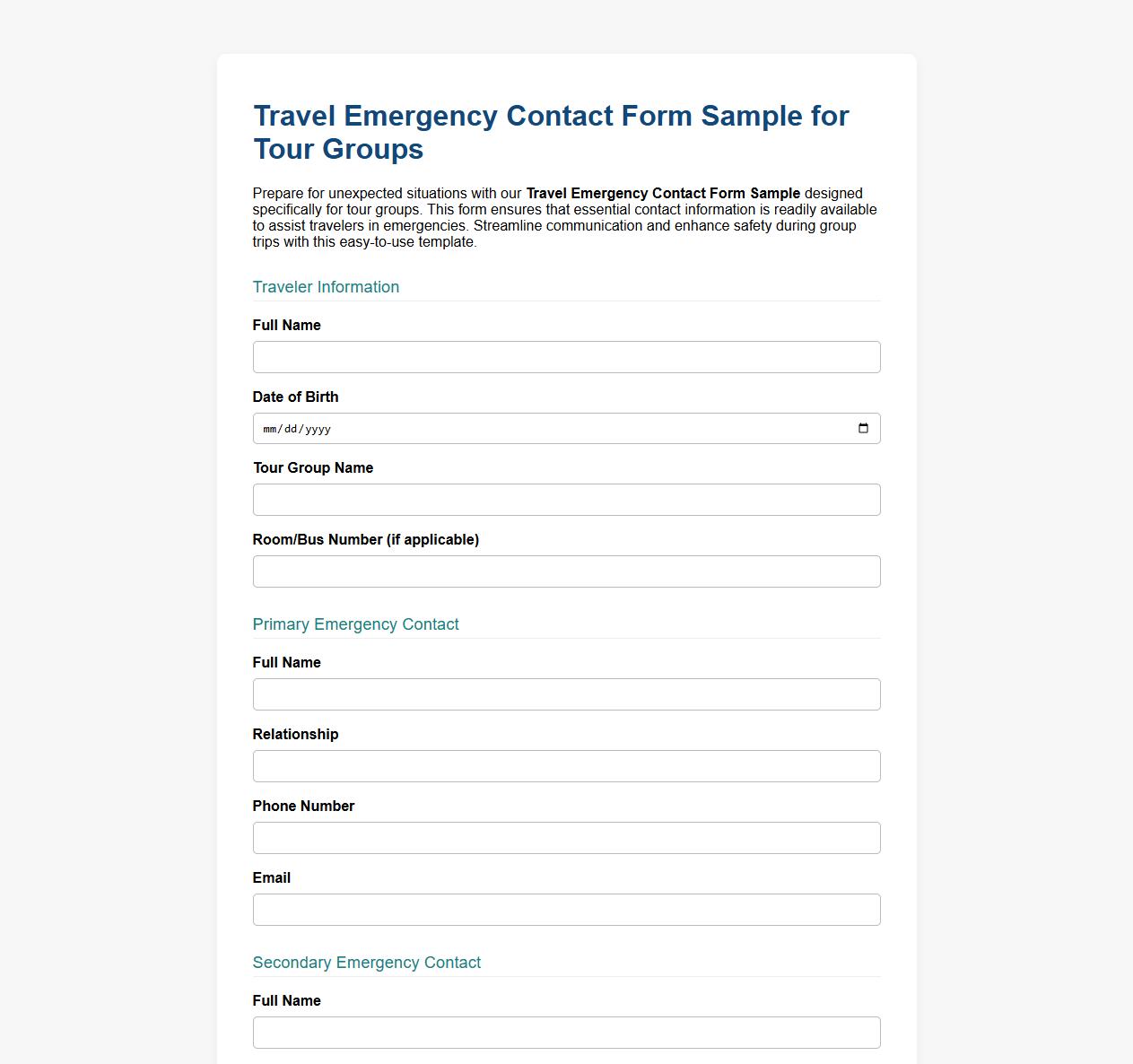 Travel Emergency Contact Form Sample for Tour Groups image preview