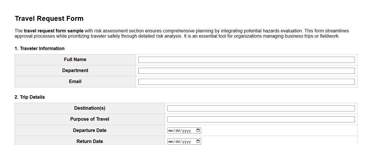 travel request form sample with risk assessment section image preview