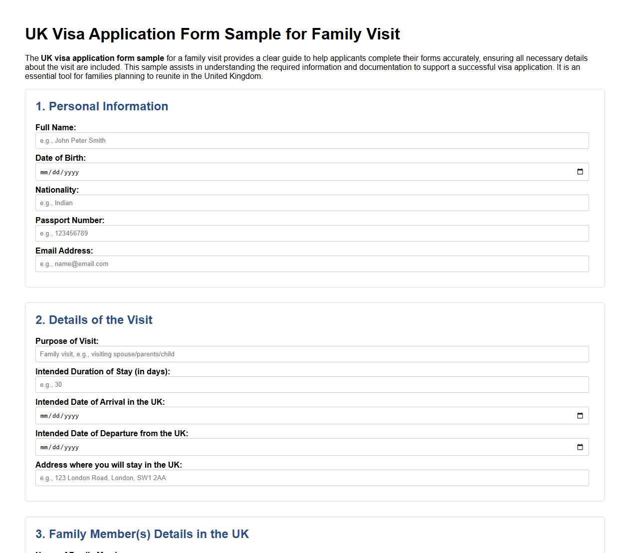 UK visa application form sample for family visit image preview