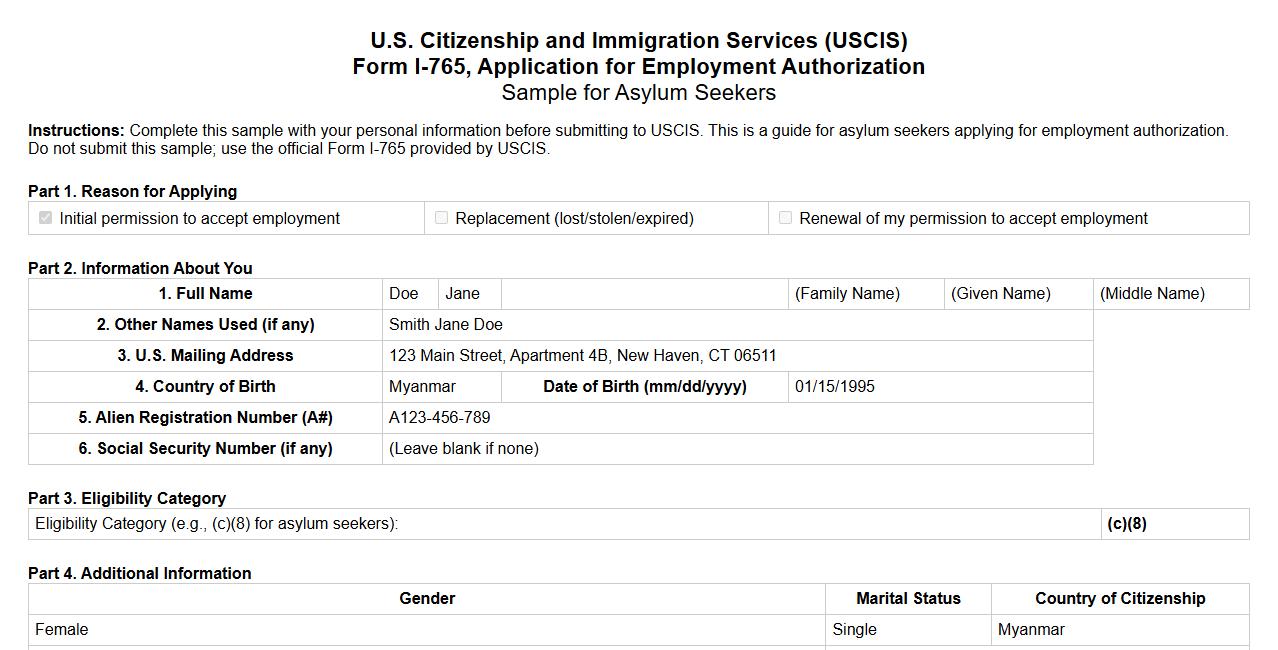 USCIS Employment Authorization Form sample for asylum seekers image preview