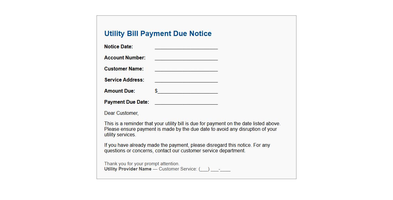 Utility bill payment due notice form sample image preview