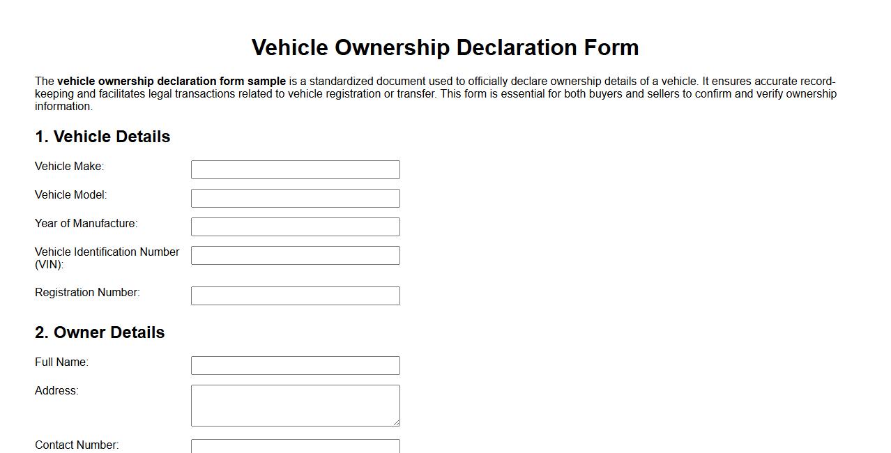 Vehicle ownership declaration form sample image preview
