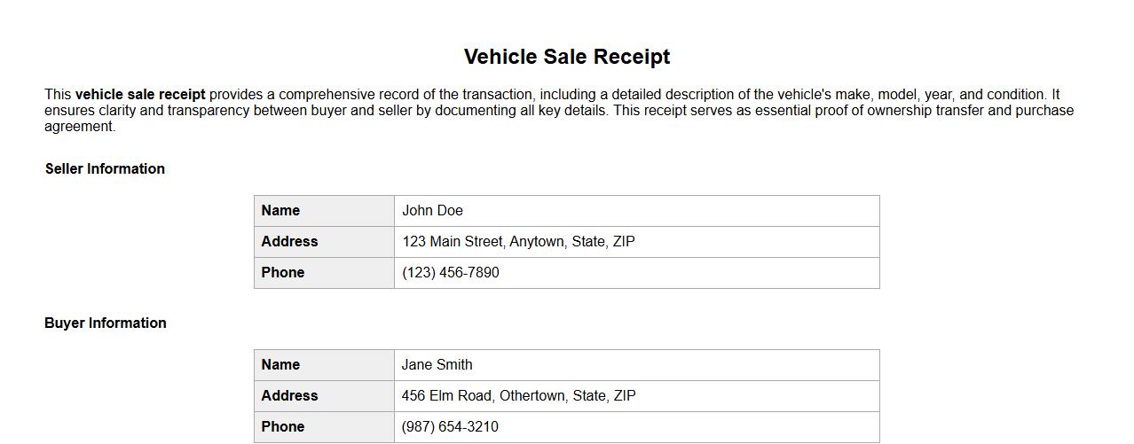 Vehicle sale receipt with detailed vehicle description image preview