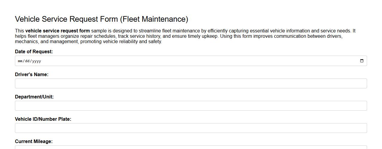 Vehicle service request form sample for fleet maintenance image preview
