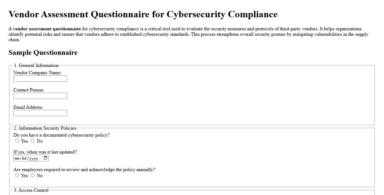 vendor assessment questionnaire for cybersecurity compliance image preview