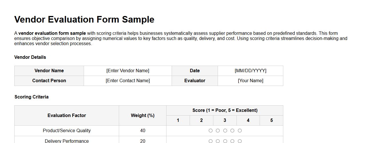 vendor evaluation form sample with scoring criteria image preview