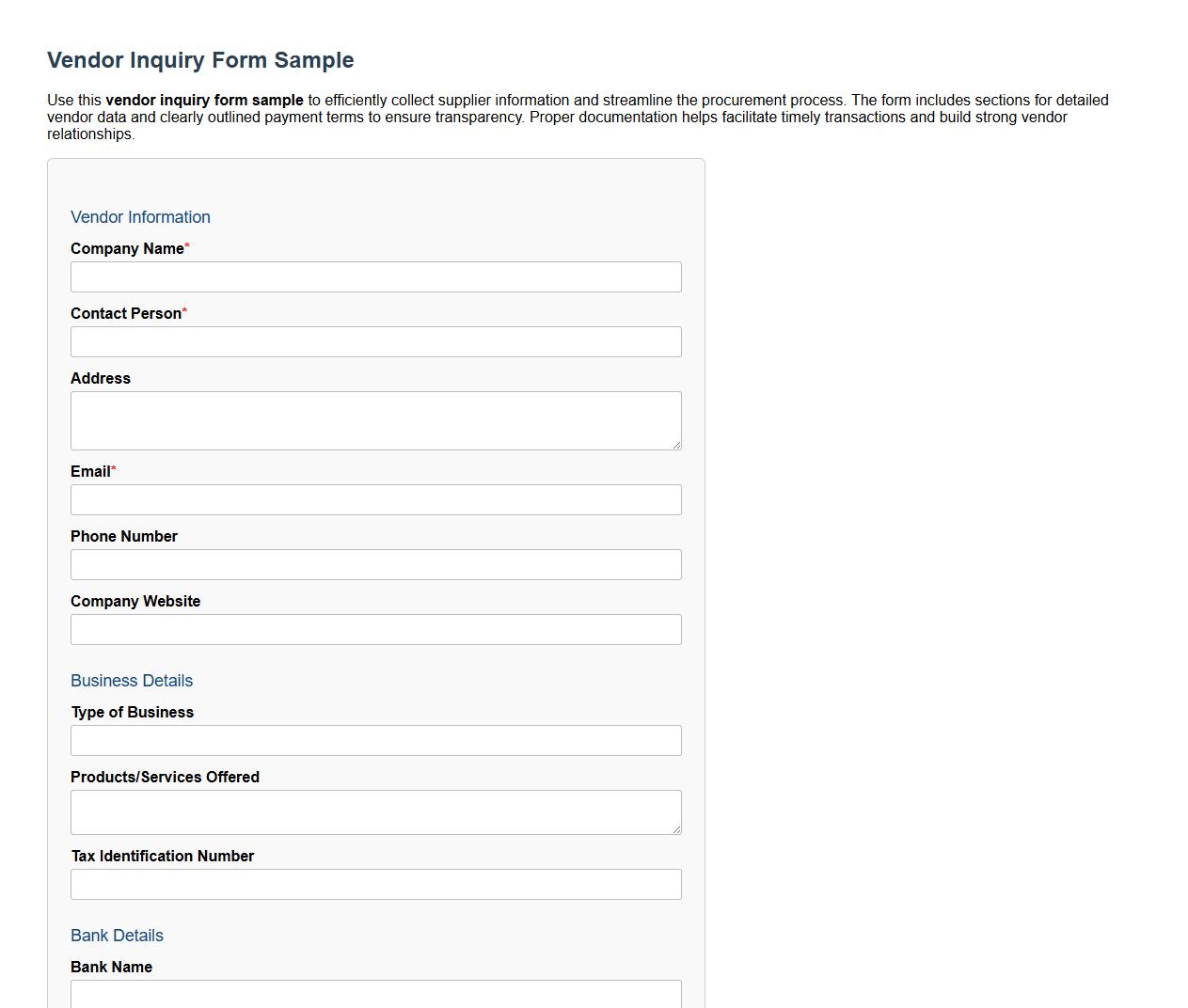 Vendor inquiry form sample including payment terms image preview