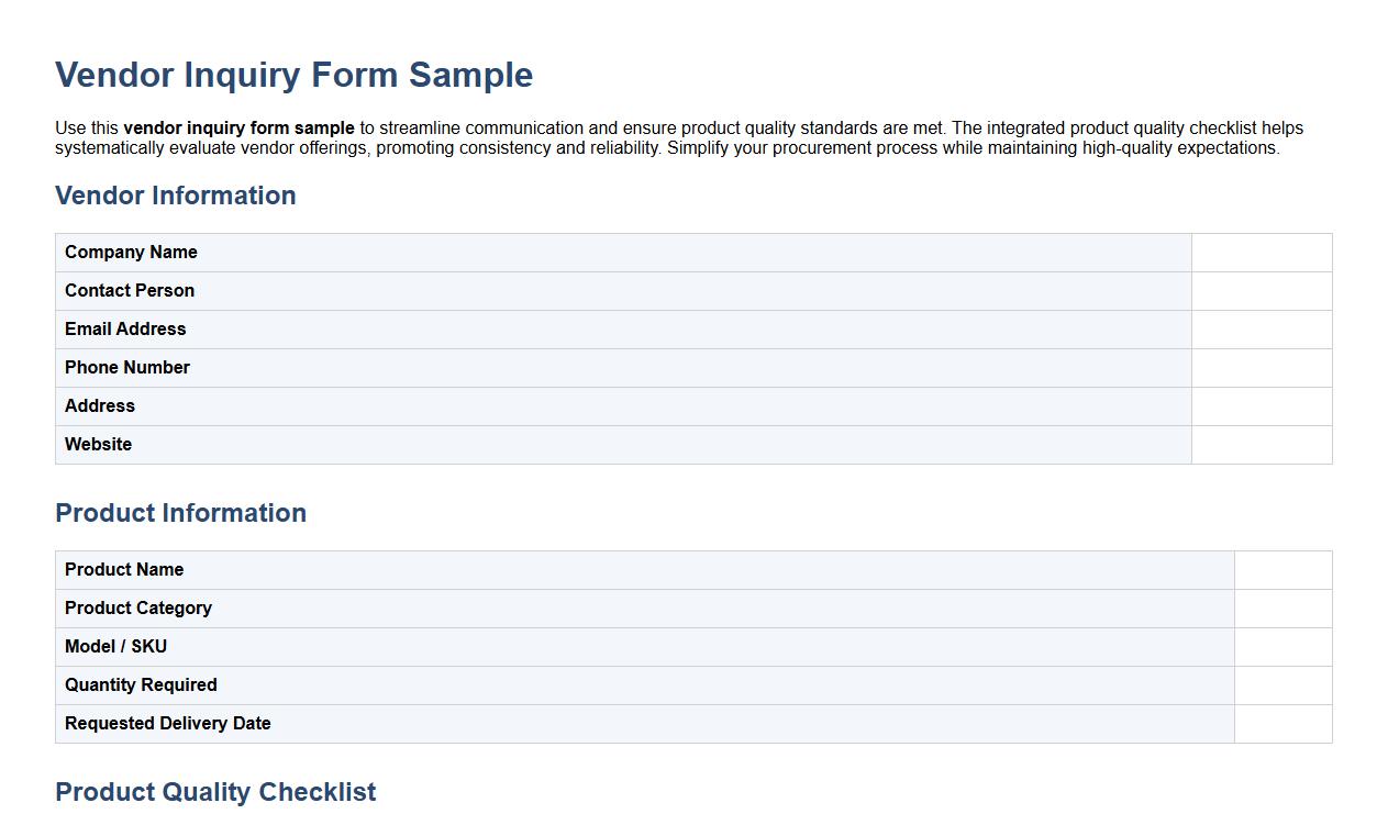 Vendor inquiry form sample with product quality checklist image preview