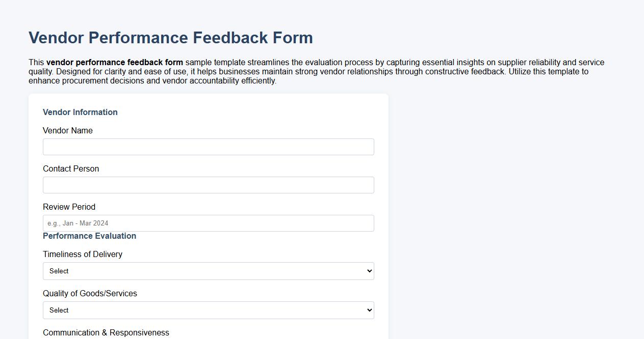 Vendor performance feedback form sample template image preview