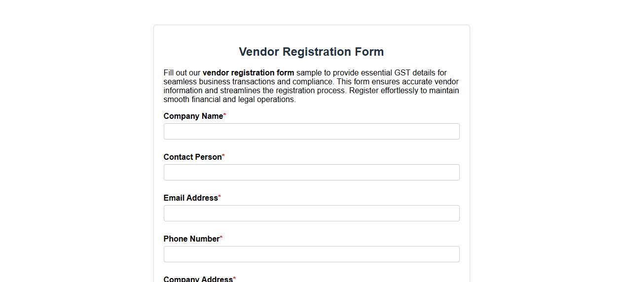 Vendor registration form sample with GST details image preview