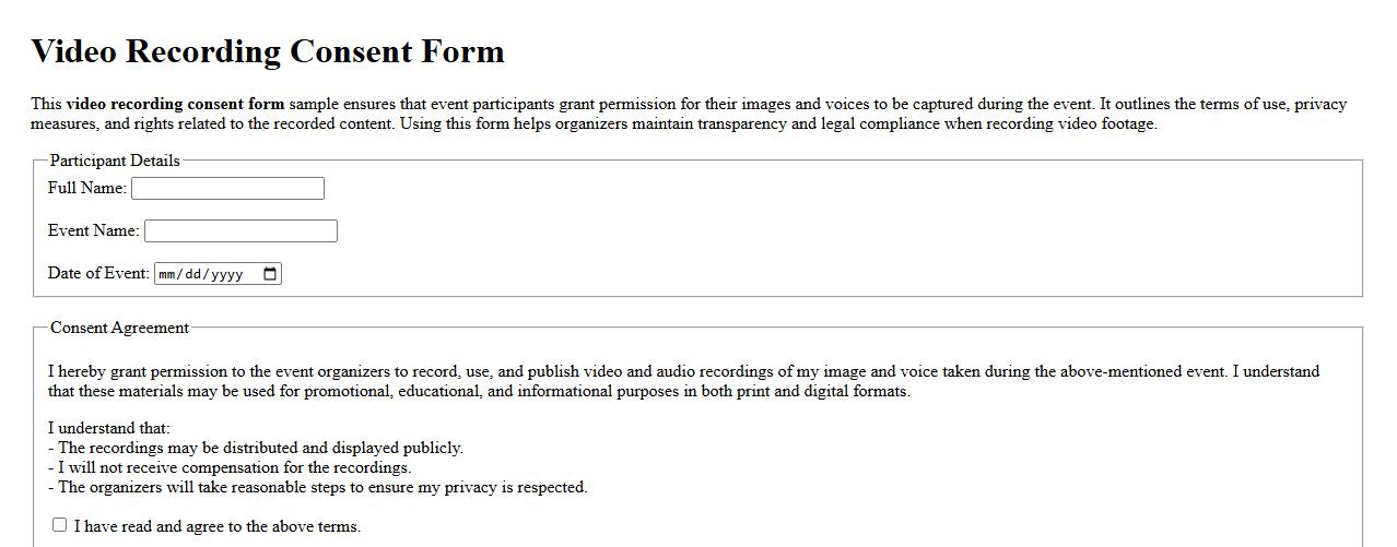 Video recording consent form sample for event participants image preview