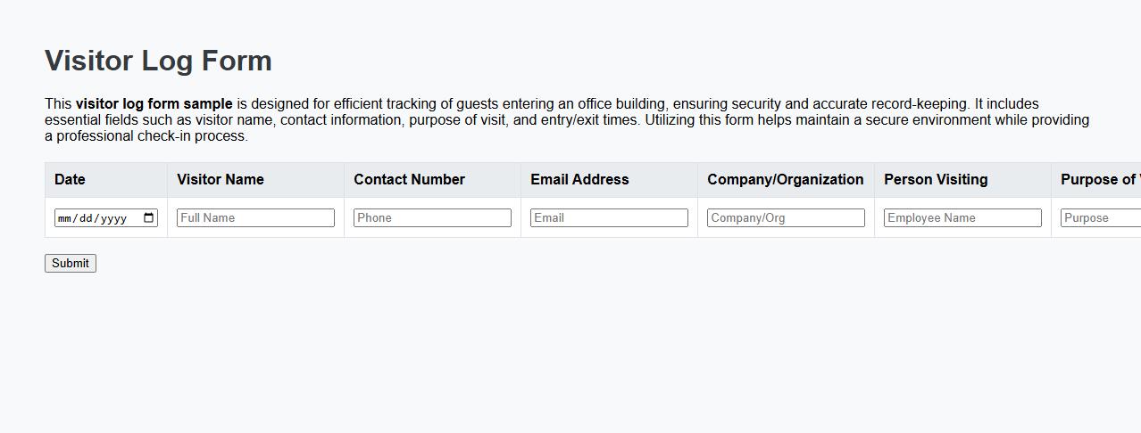 visitor log form sample for office building image preview
