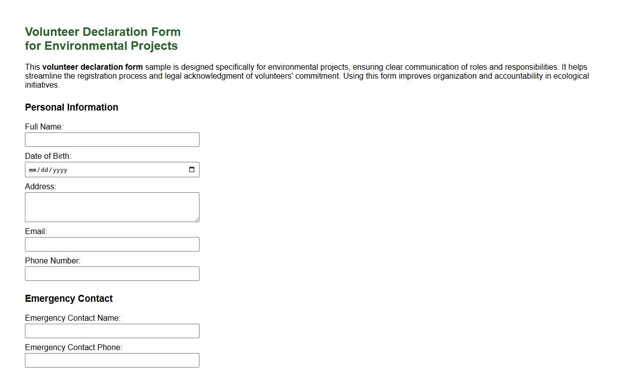 Volunteer declaration form sample for environmental projects image preview
