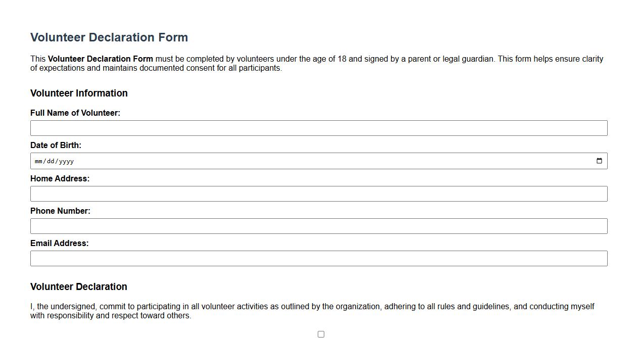 Volunteer declaration form sample with parental consent image preview