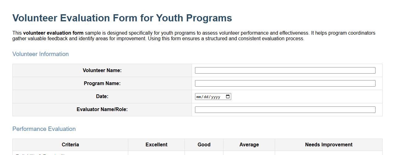 Volunteer evaluation form sample for youth programs image preview