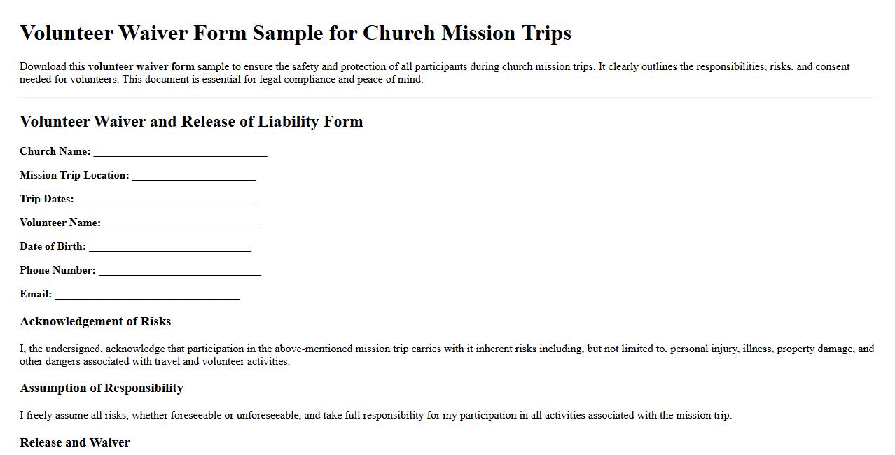 volunteer waiver form sample for church mission trips image preview