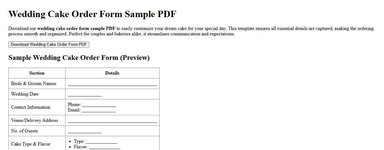wedding cake order form sample PDF image preview