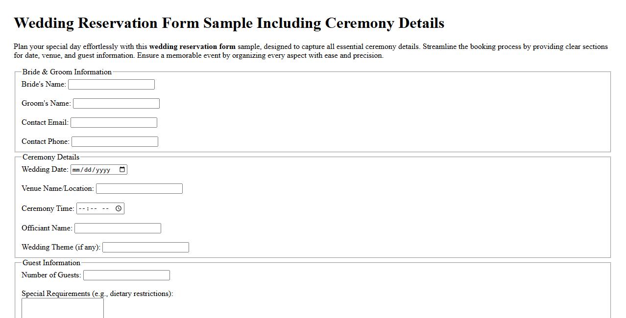 Wedding reservation form sample including ceremony details image preview