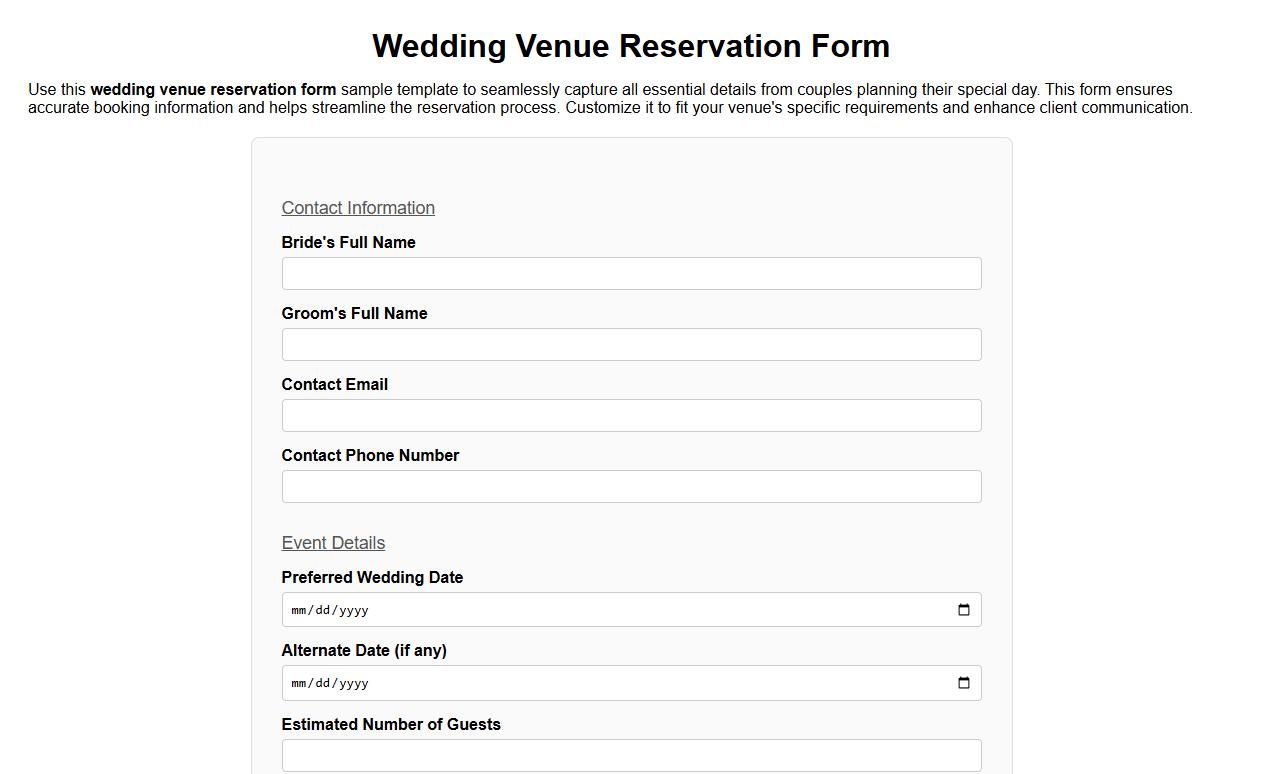 Wedding venue reservation form sample template image preview