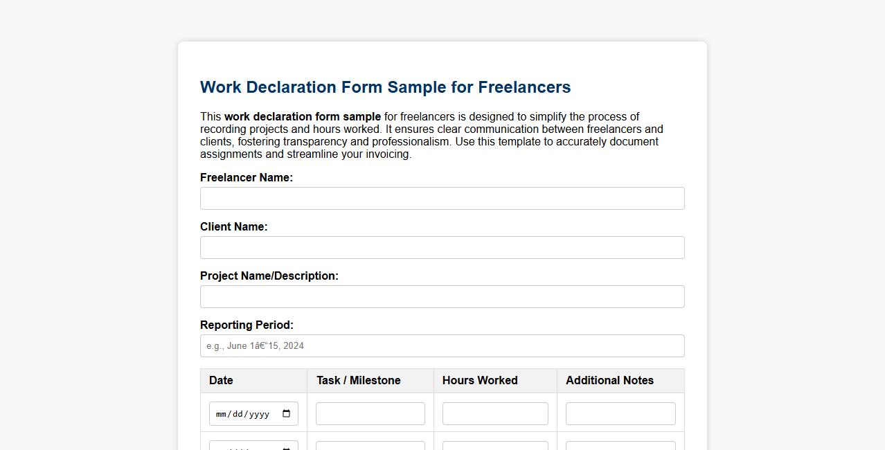 Work declaration form sample for freelancers image preview