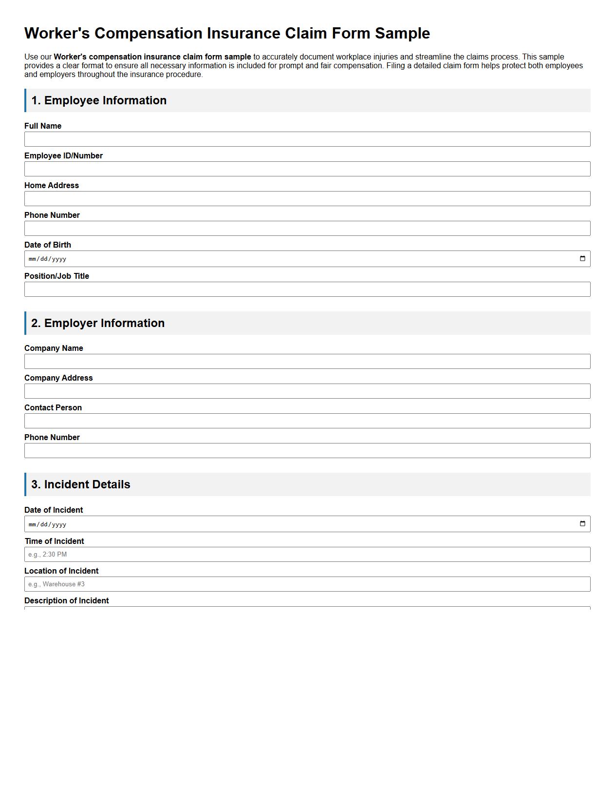 Worker’s compensation insurance claim form sample image preview