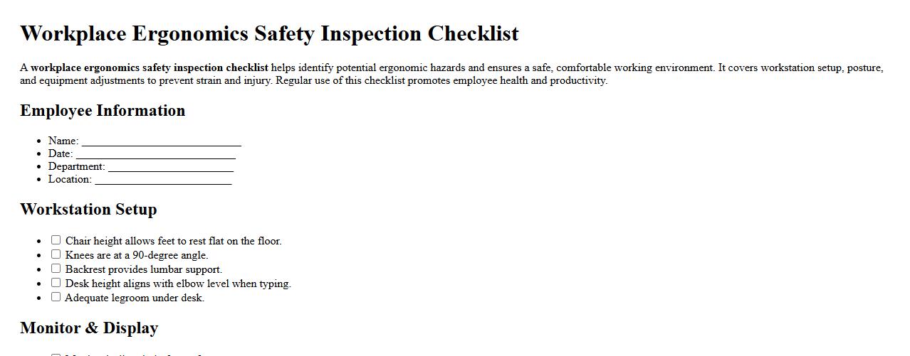 Workplace ergonomics safety inspection checklist image preview