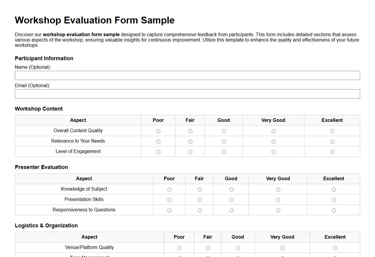 Workshop evaluation form sample with detailed feedback sections image preview