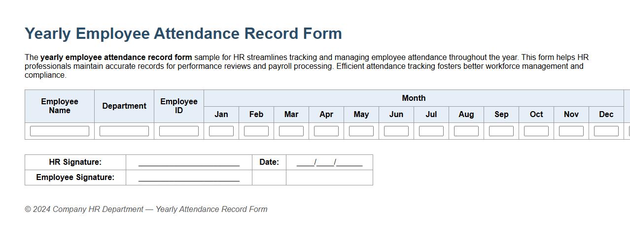 Yearly employee attendance record form sample for HR image preview