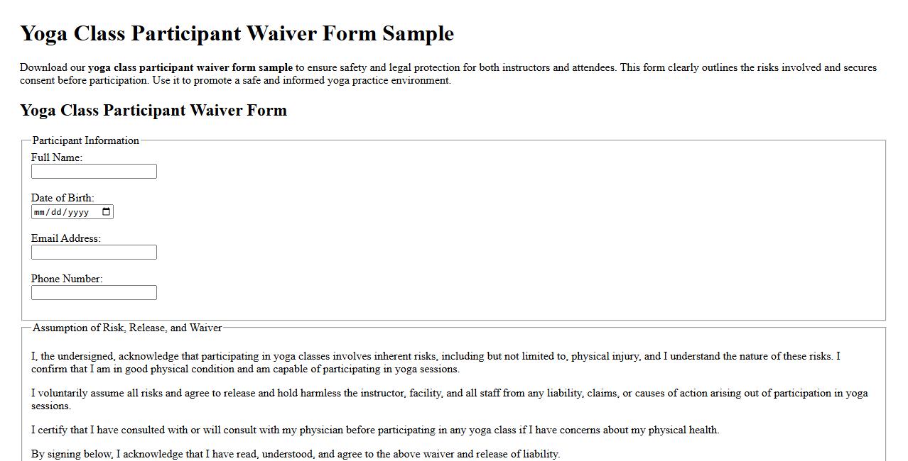 yoga class participant waiver form sample image preview