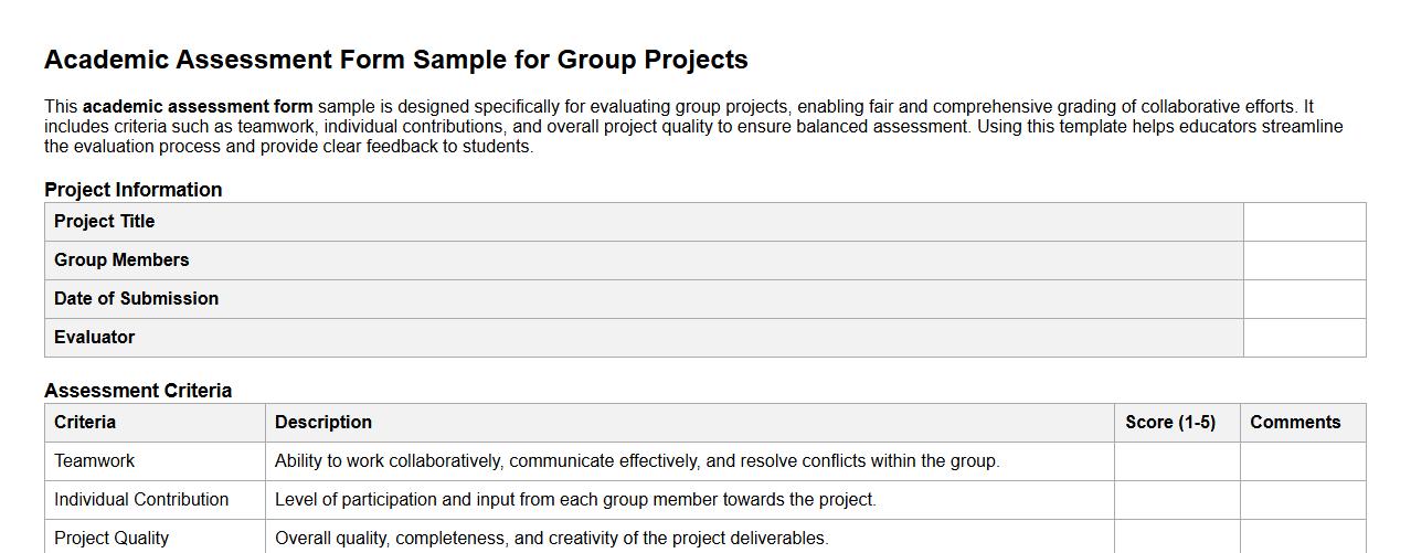 Academic assessment form sample for group projects image preview