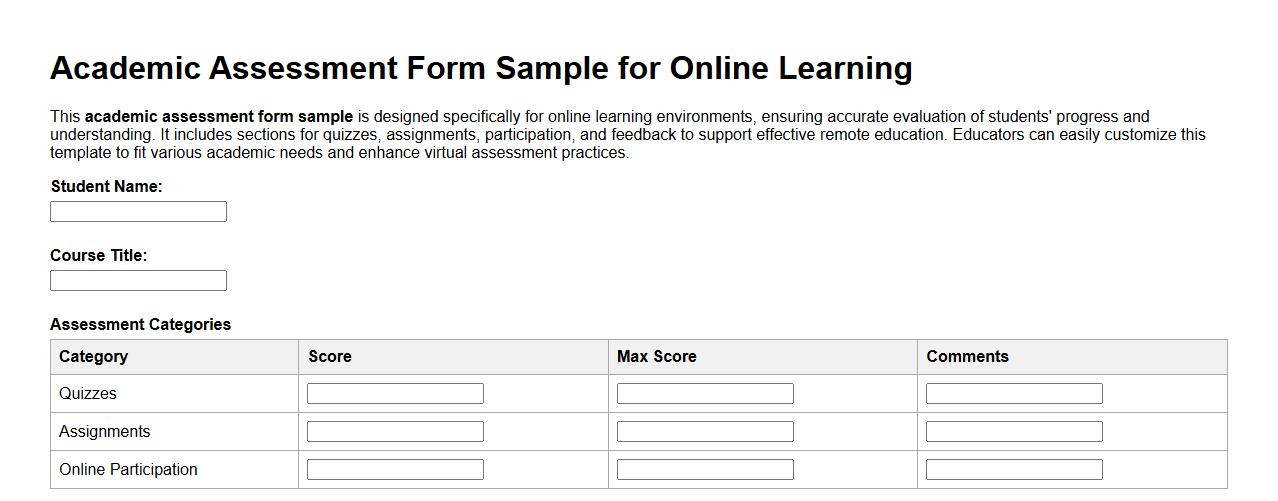 Academic assessment form sample for online learning image preview