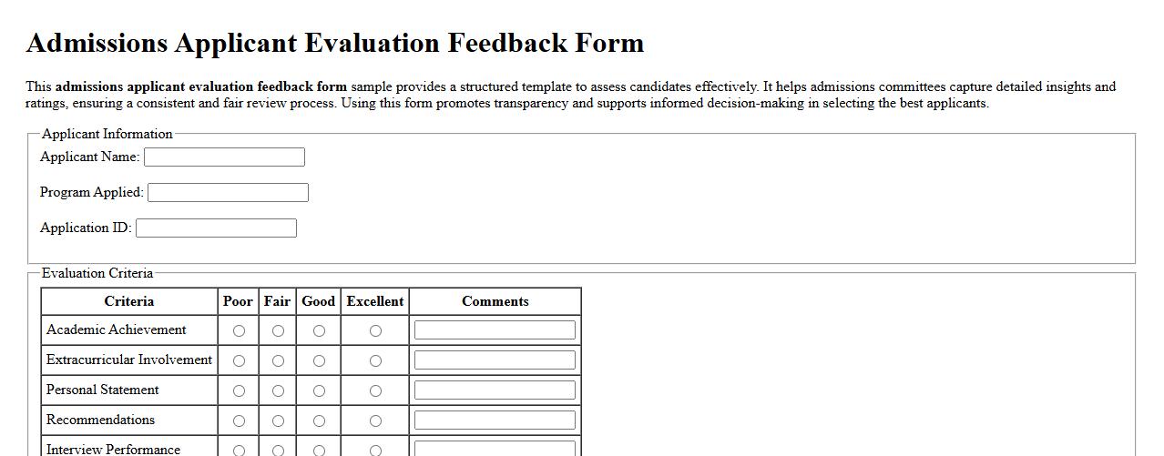 Admissions applicant evaluation feedback form sample image preview