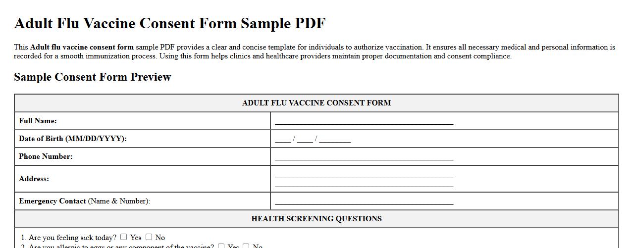Adult flu vaccine consent form sample PDF image preview