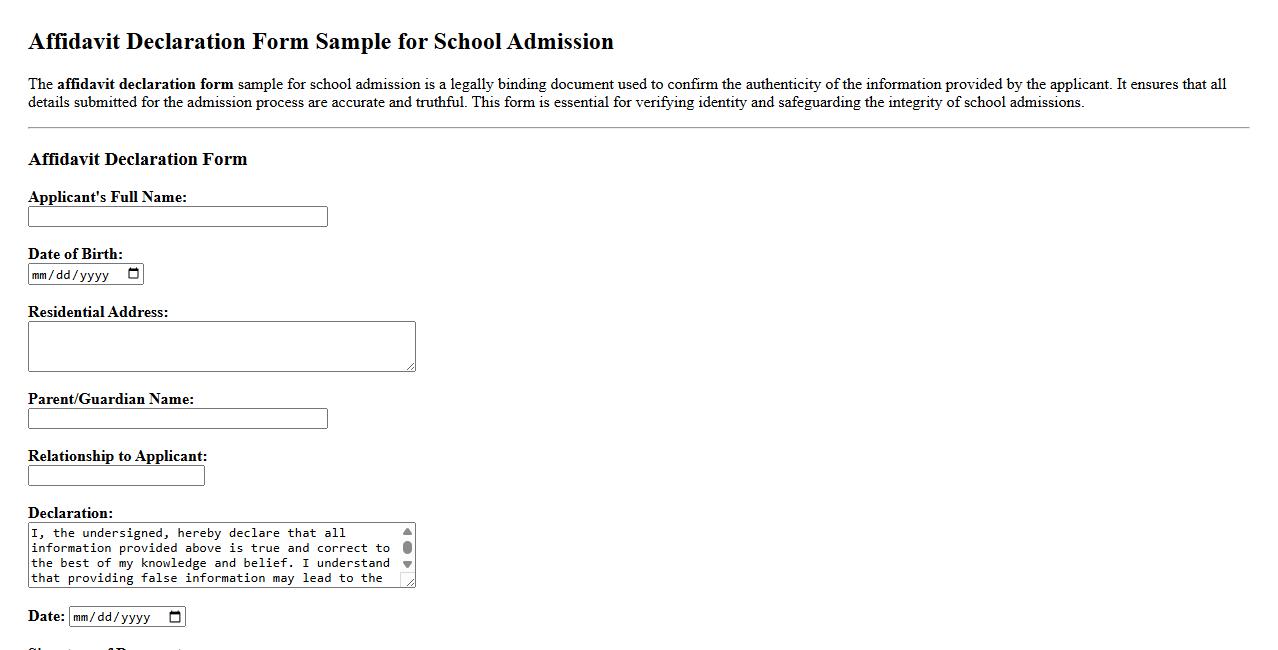 Affidavit declaration form sample for school admission image preview
