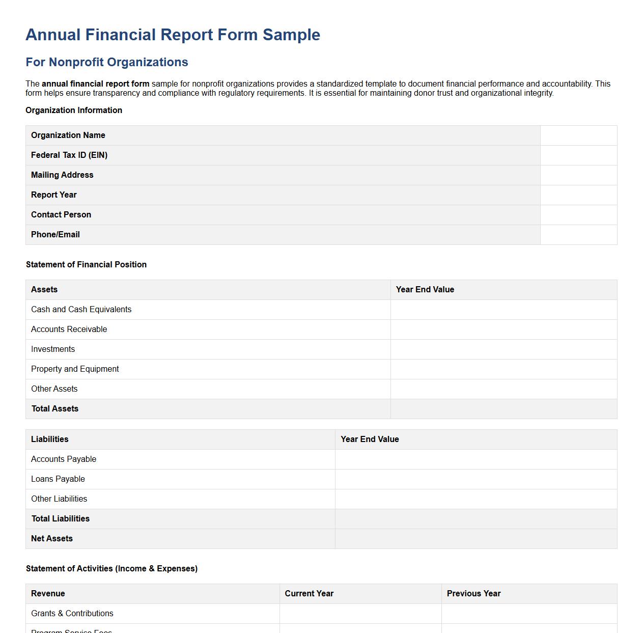 annual financial report form sample for nonprofit organizations image preview