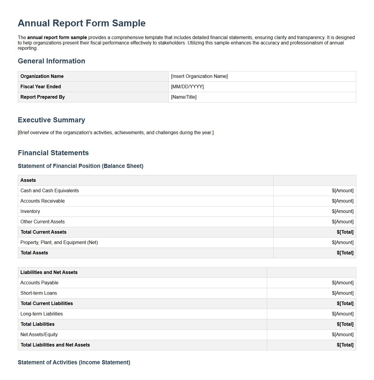 annual report form sample with financial statements image preview