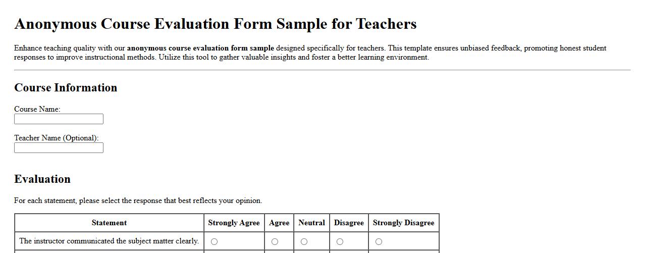 Anonymous course evaluation form sample for teachers image preview