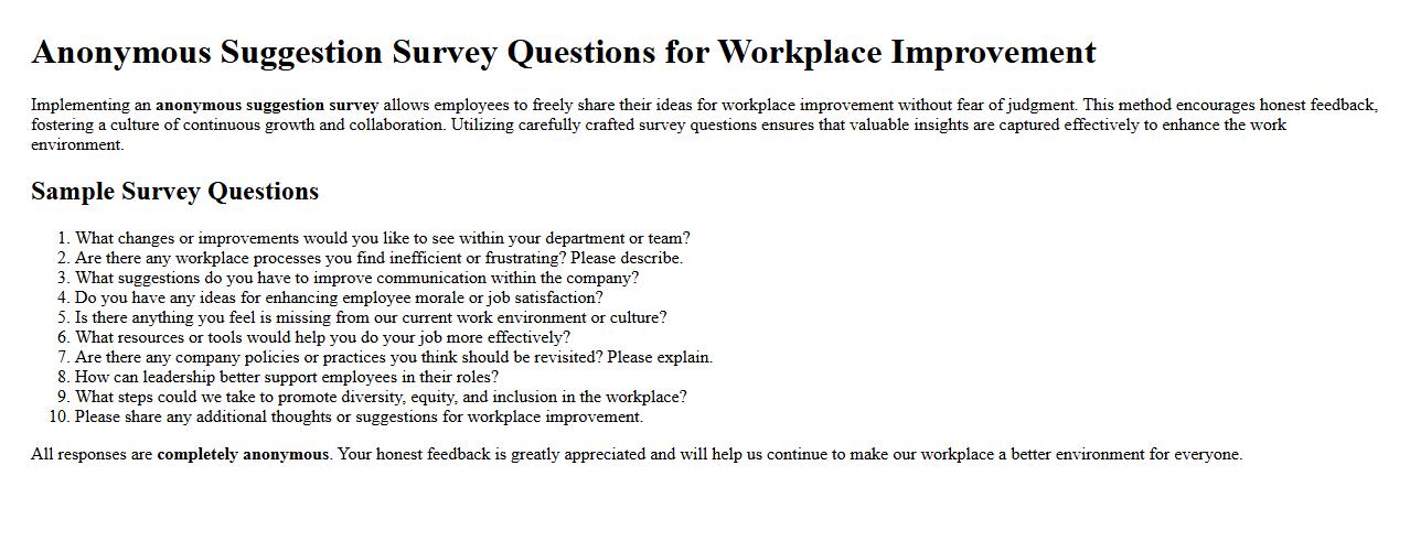 anonymous suggestion survey questions for workplace improvement image preview