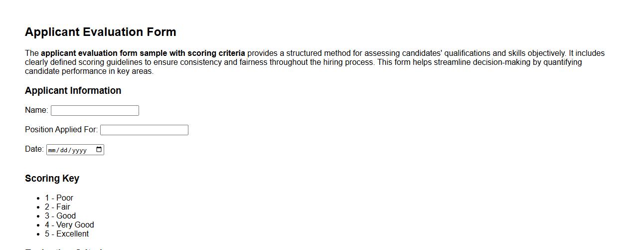 applicant evaluation form sample with scoring criteria image preview