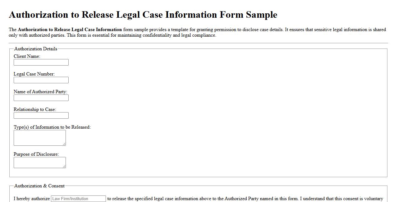 Authorization to Release Legal Case Information Form Sample image preview